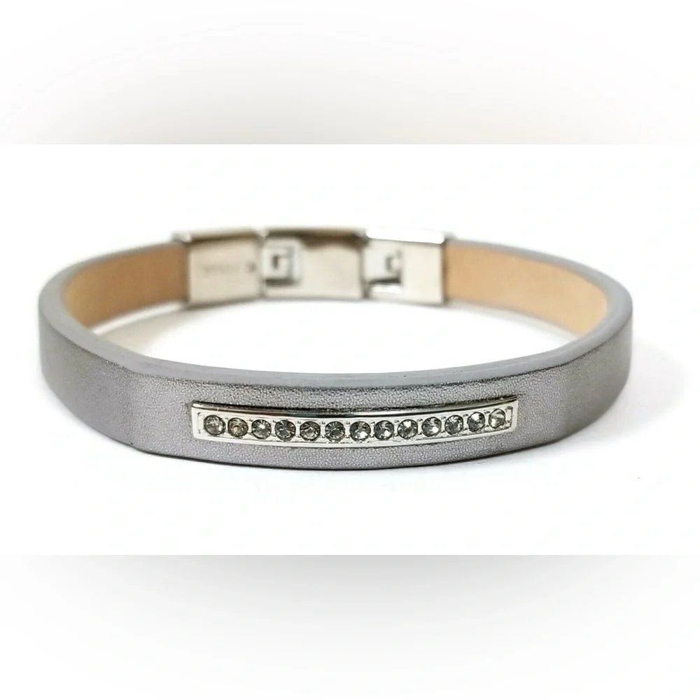 Fossil Silver Gray Leather Bracelet with Crystal Accent